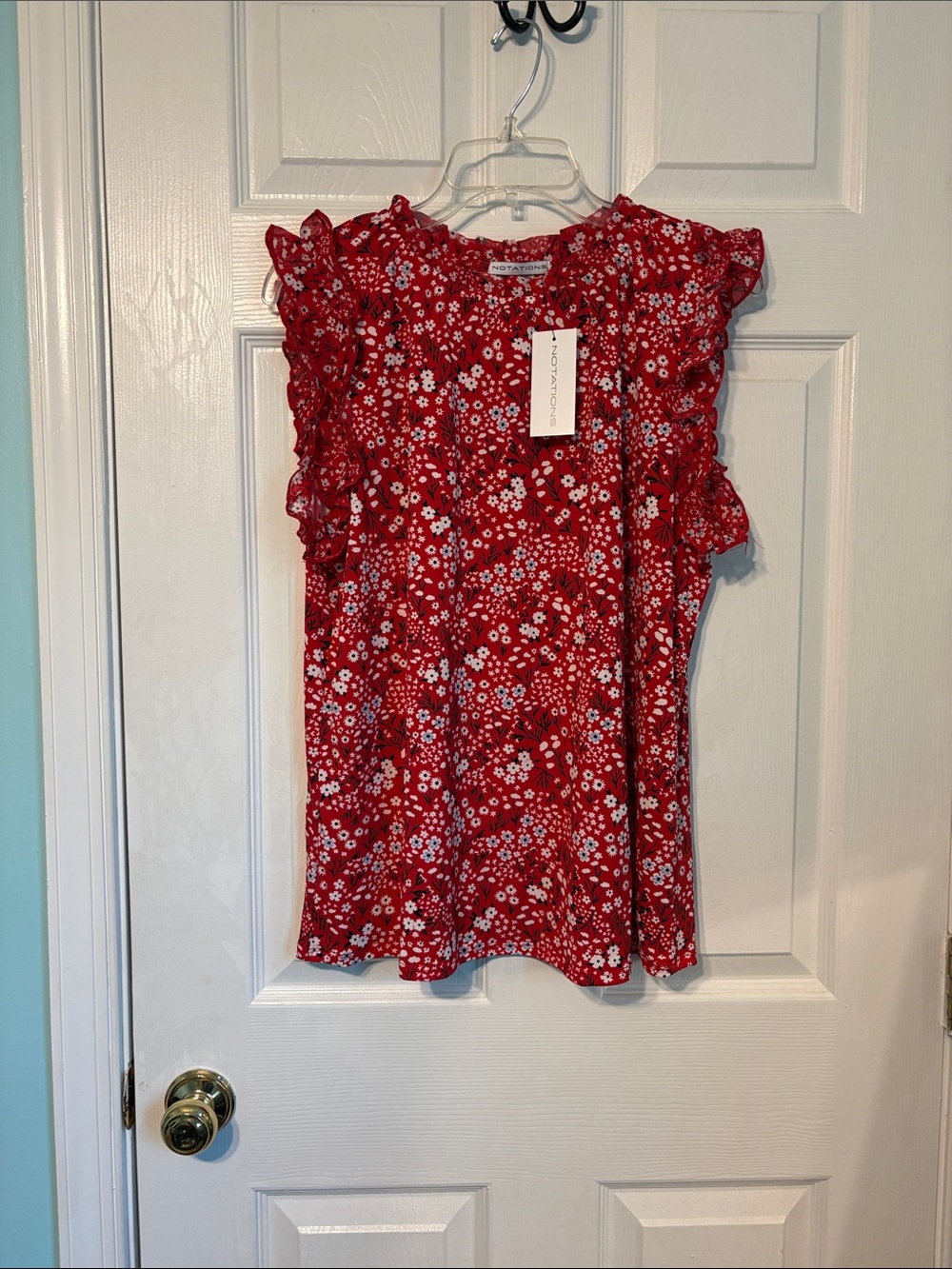 Women's Red Floral Ruffle Sleeve Top
